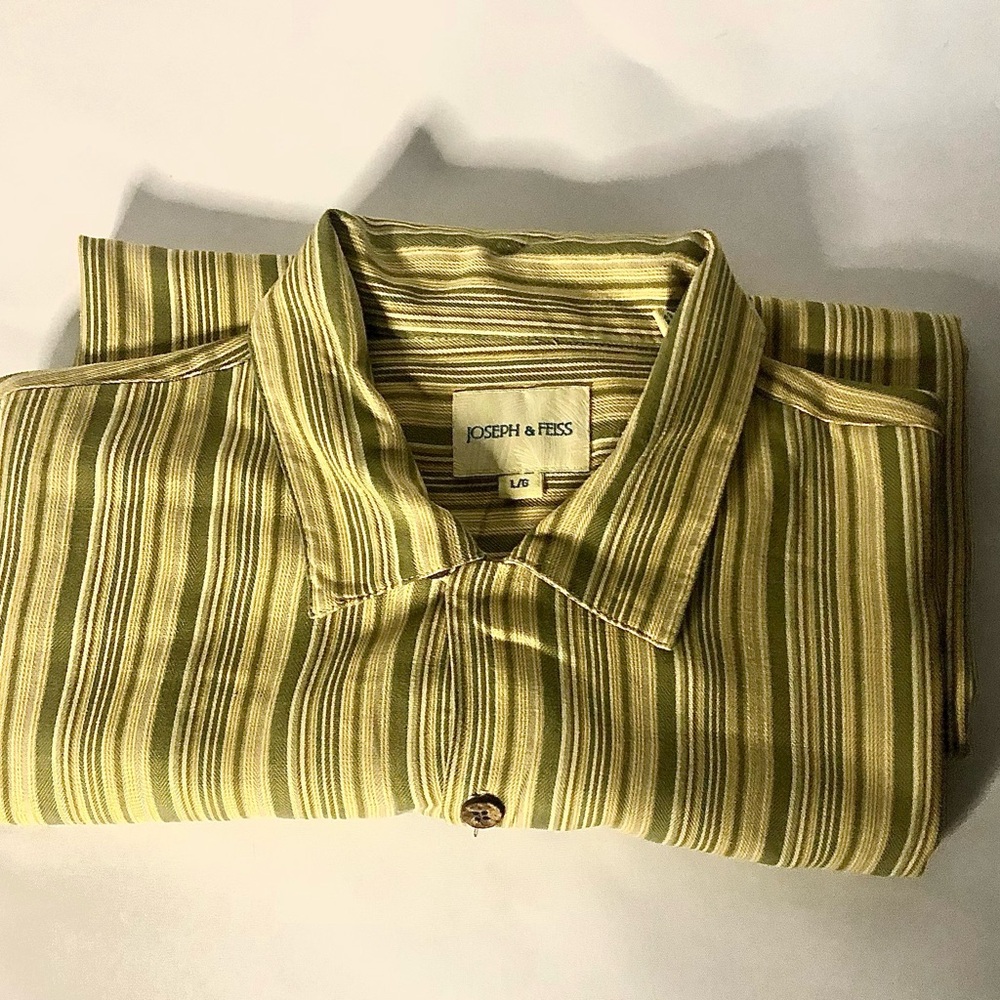 Joseph feiss silk button up dress shirt yellow with green strips mens size large
